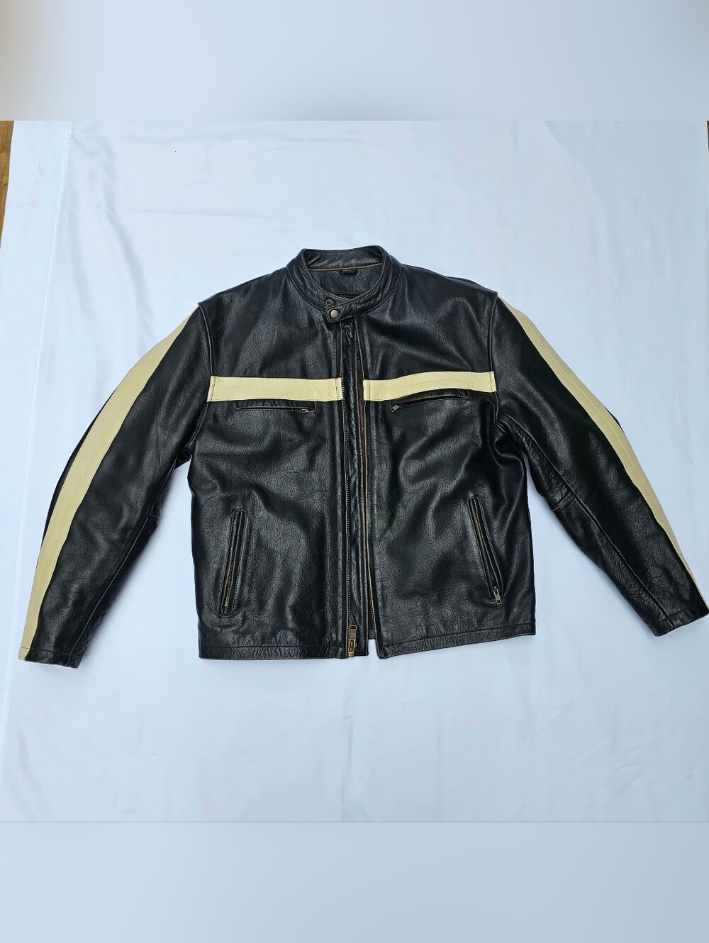 BOL Black Leather Motorcycle Jacket with Cream Racing Stripes